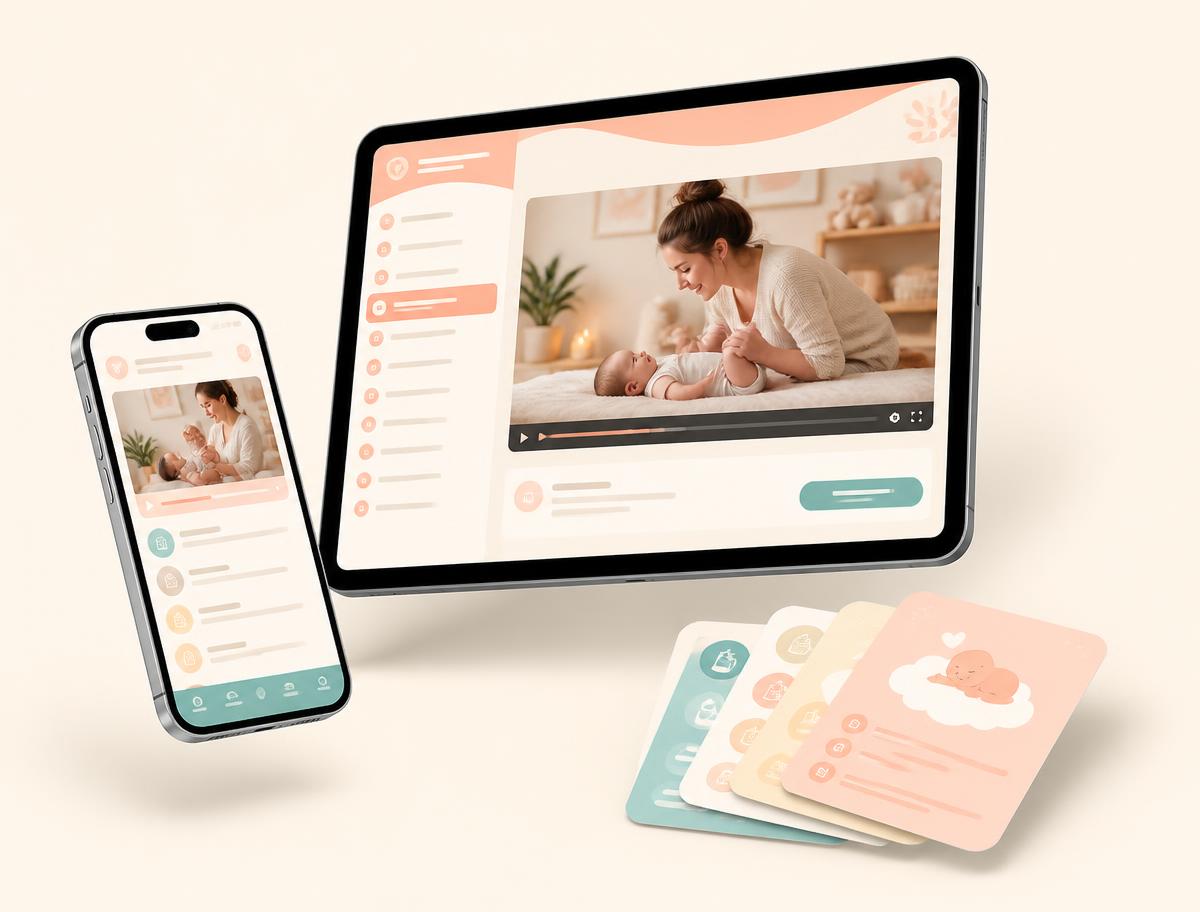 The Baby Cry Decoder video training and cue cards on phone and tablet