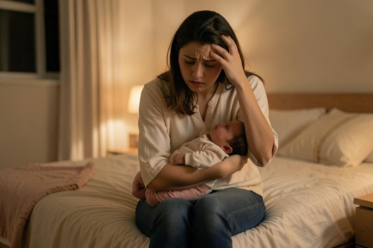 Tired mother holding her crying baby at night