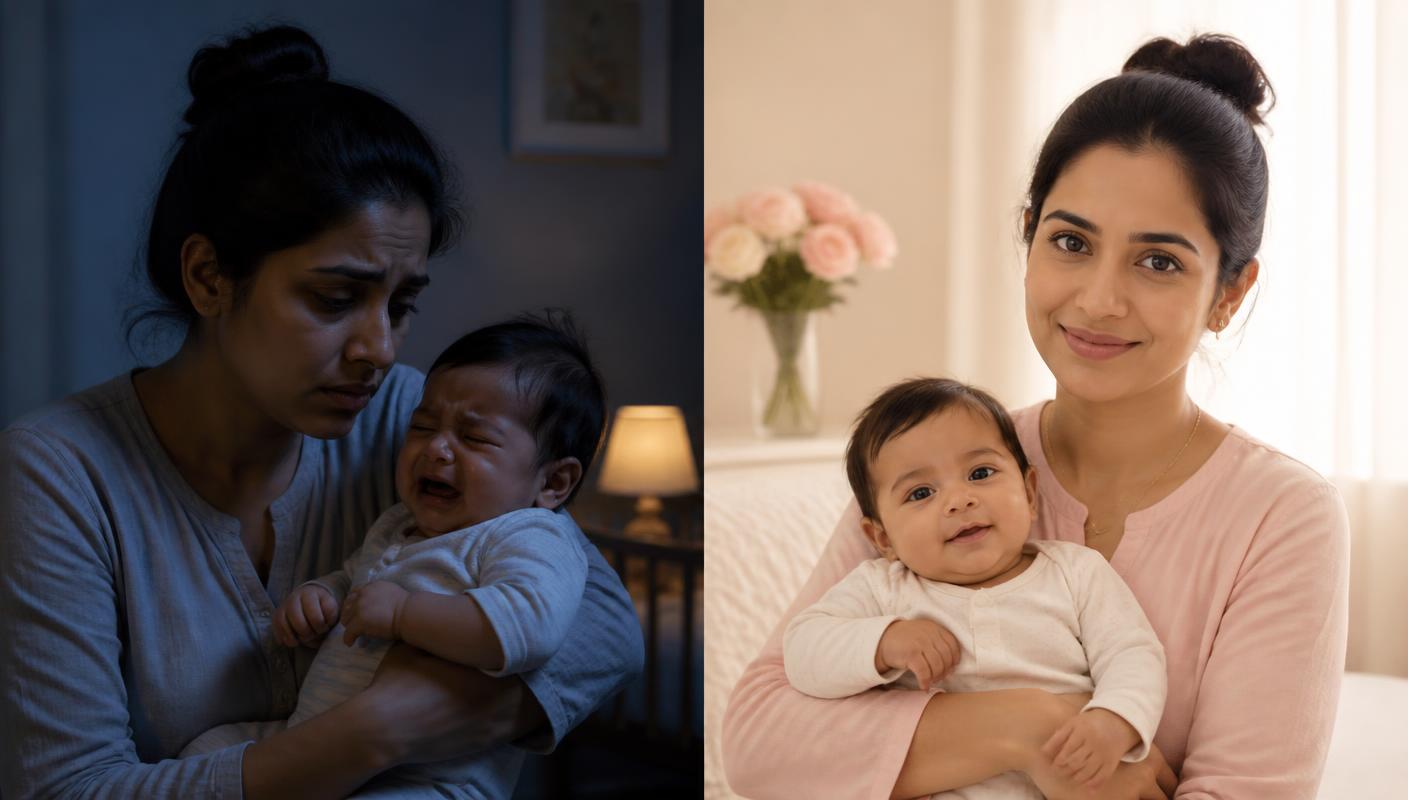 A mother's transformation: anxious with a crying baby at night, calm and confident by morning