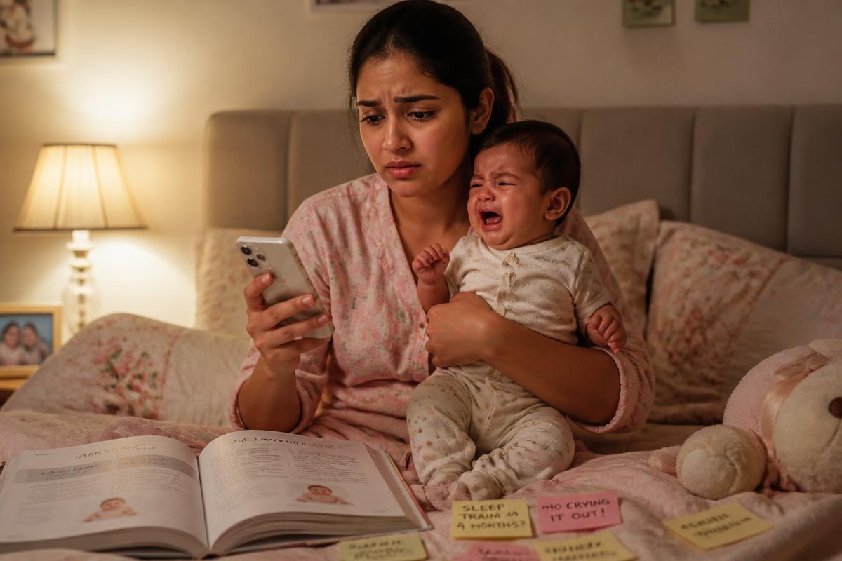 Mother searching for baby advice on her phone while holding a crying baby